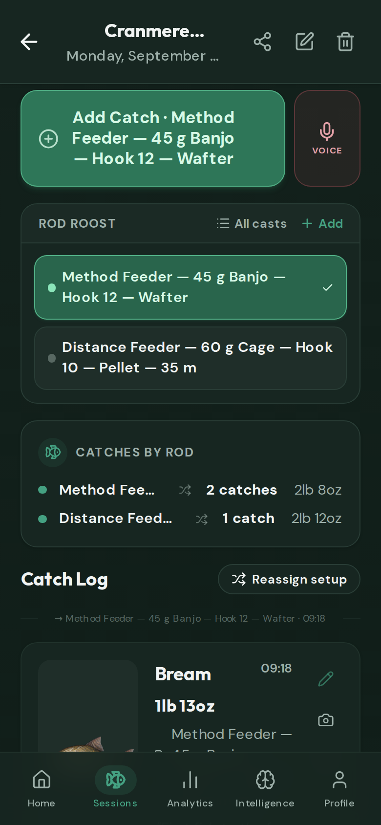 Current CatchMate Coarse live-session screen showing compact catch logging and Rod Roost controls that can be reached from a mounted phone.