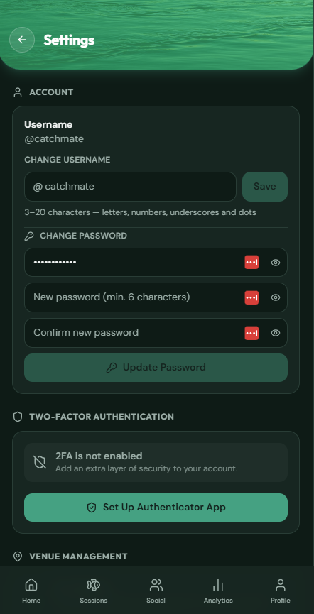 CatchMate Coarse app settings main screen with toggles for core features