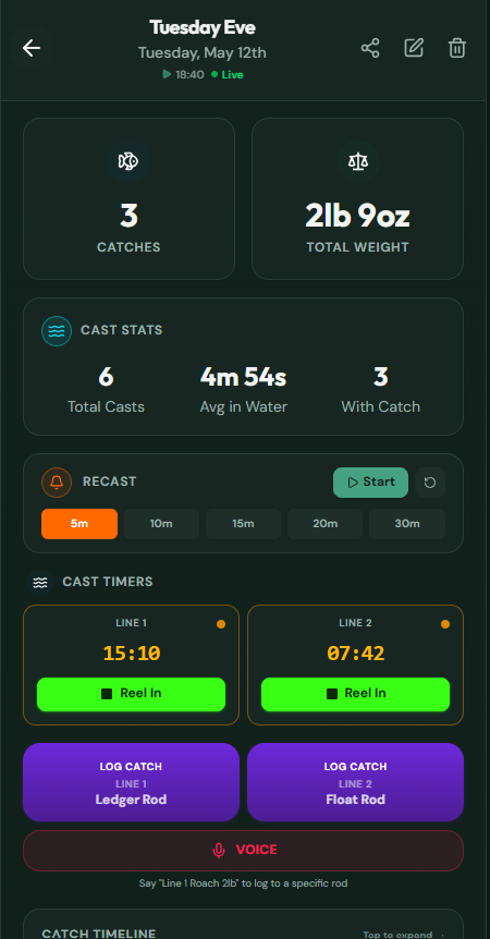 CatchMate Coarse cast stats screen showing cast distance and accuracy breakdown per rod