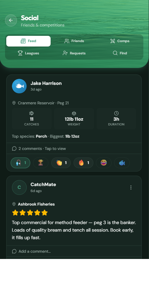 CatchMate Coarse social feed screen showing recent catches shared by friends