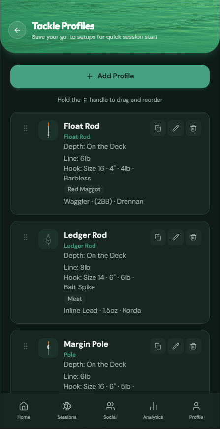 CatchMate Coarse Rod Roost tackle profiles list screen showing saved rod setups
