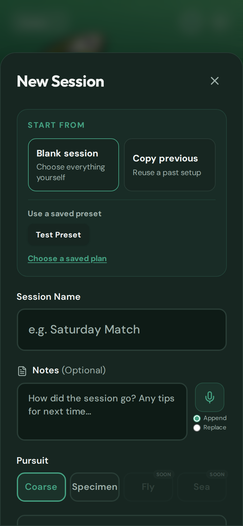 Start a new Specimen session by choosing the pursuit and entering session details