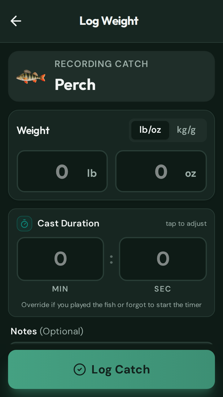 Compact CatchMate Log Weight screen showing Weight, Cast Duration, and the visible Log Catch action on a short phone display.