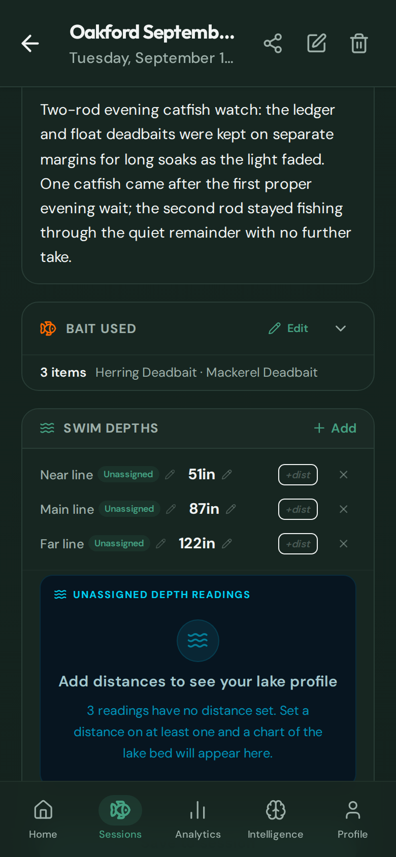 CatchMate Specimen session showing the Swim Depths panel