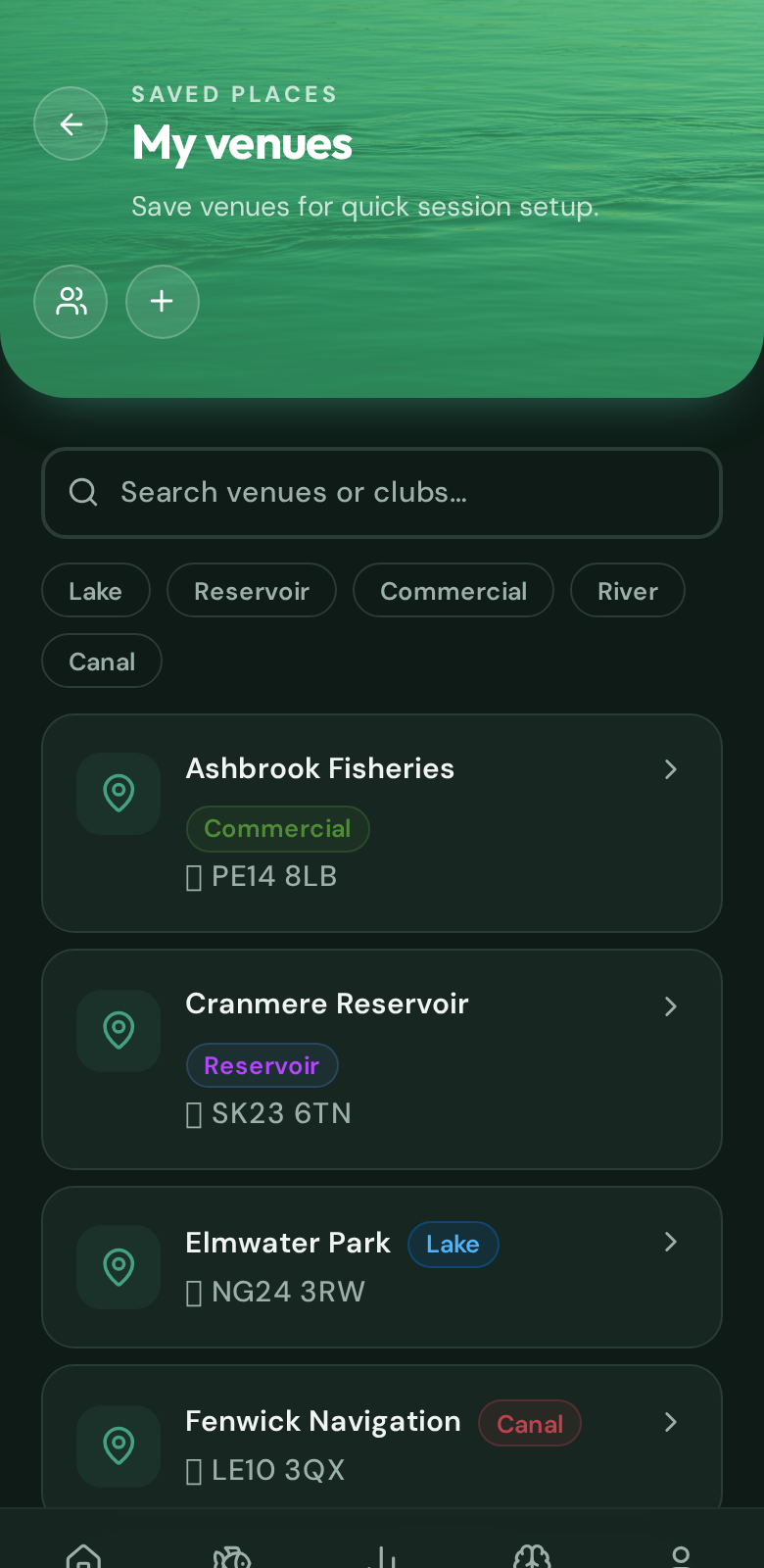 Filter saved Specimen venues and add a venue from the venue list