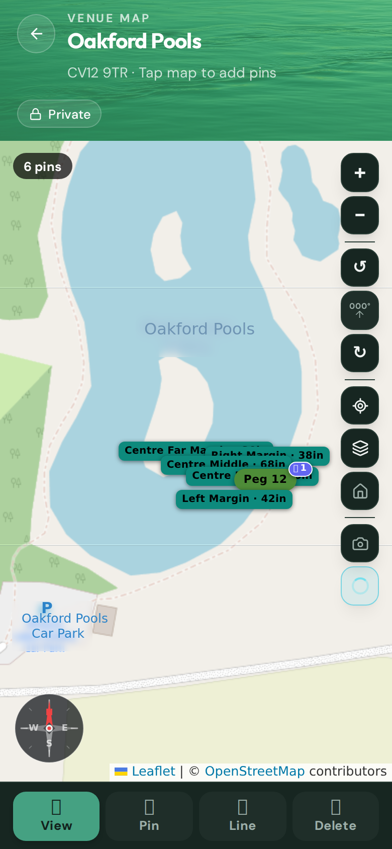 CatchMate Oakford Pools venue map showing peg and depth markers
