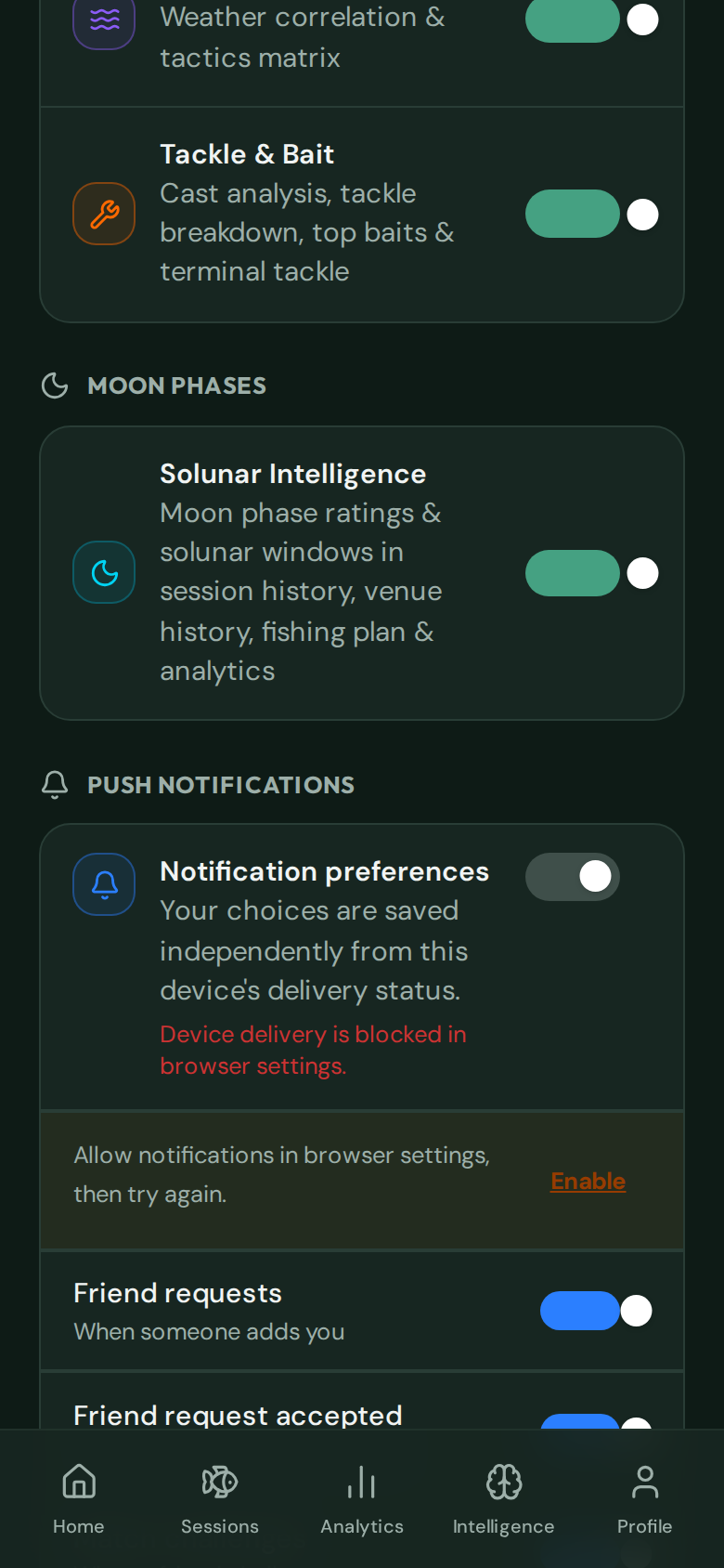 CatchMate Push Notifications settings showing preferences and delivery status