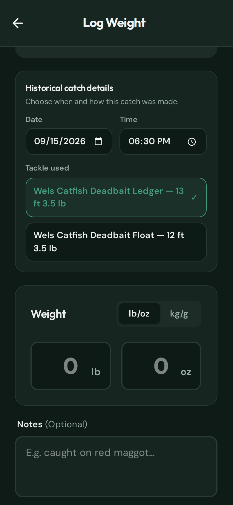 CatchMate historical catch form showing weight and notes