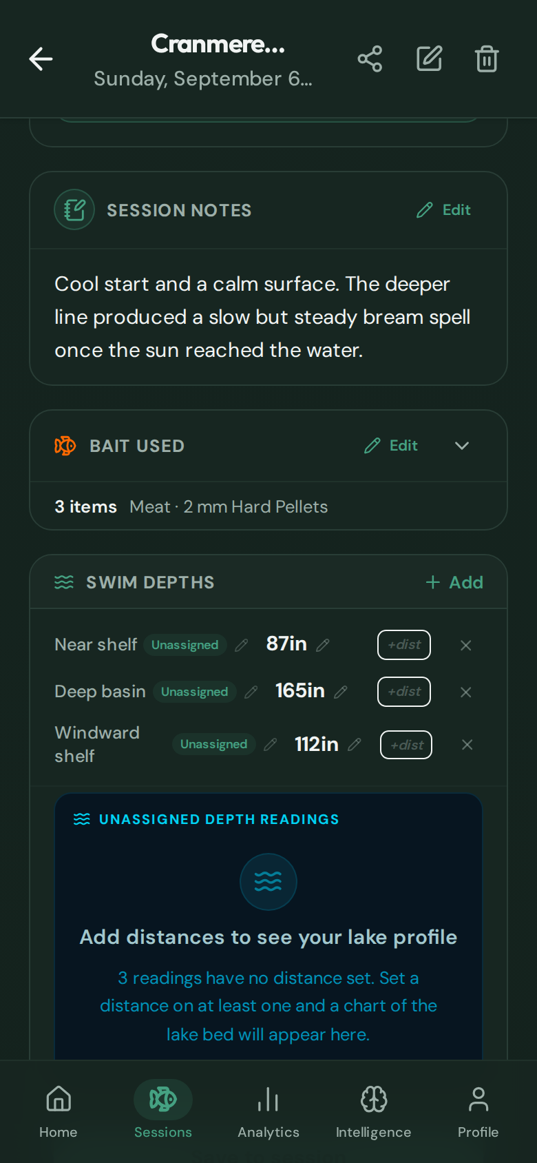 CatchMate Coarse session showing the Swim Depths panel