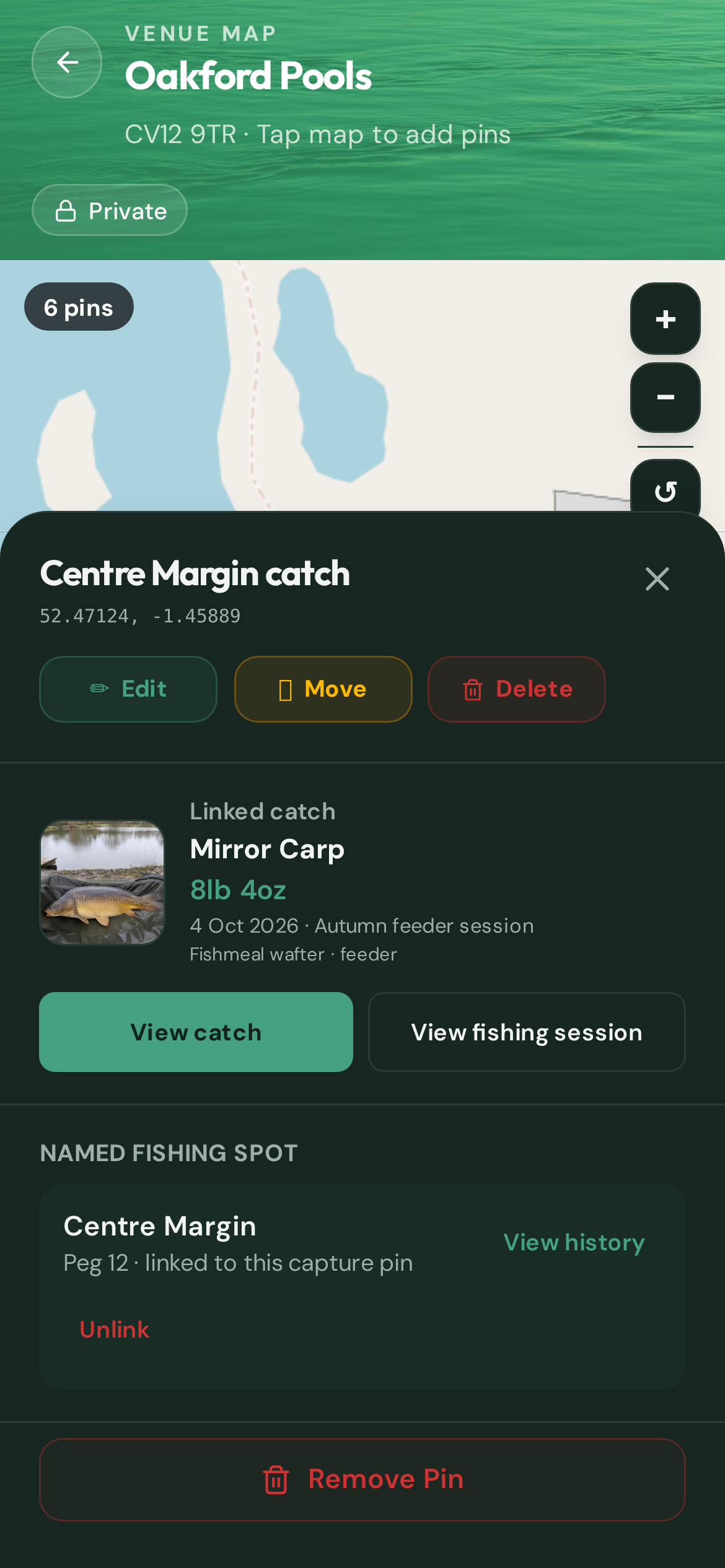 CatchMate venue map showing a Capture marker linked to a catch at the Centre Margin named spot on Peg 12.