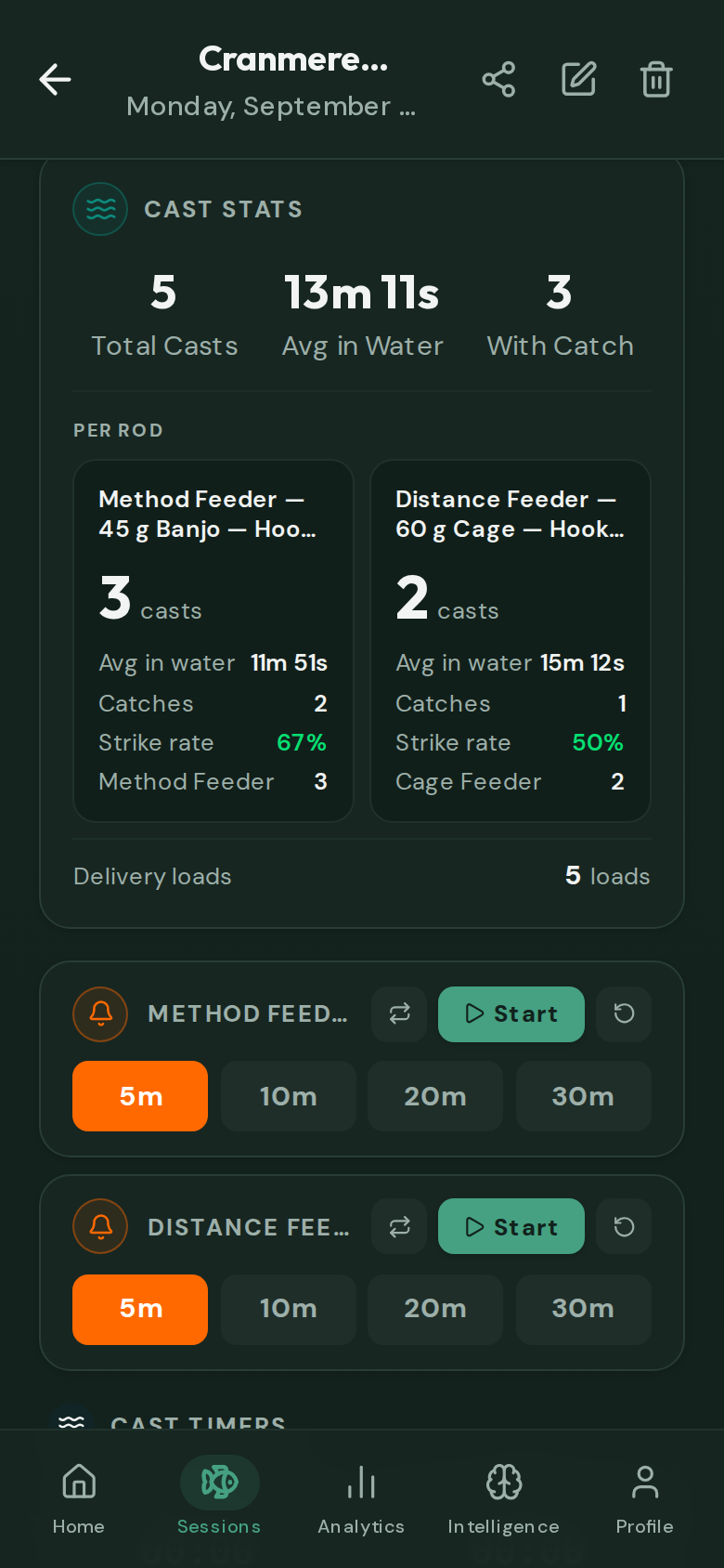 CatchMate Coarse Cast Stats showing five total casts, average time in water, casts with a catch, and separate Method Feeder and Distance Feeder results.