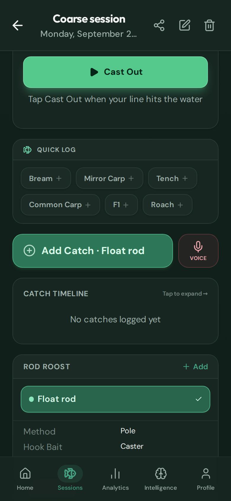 CatchMate Coarse live session showing the Add Catch button for the Float rod.