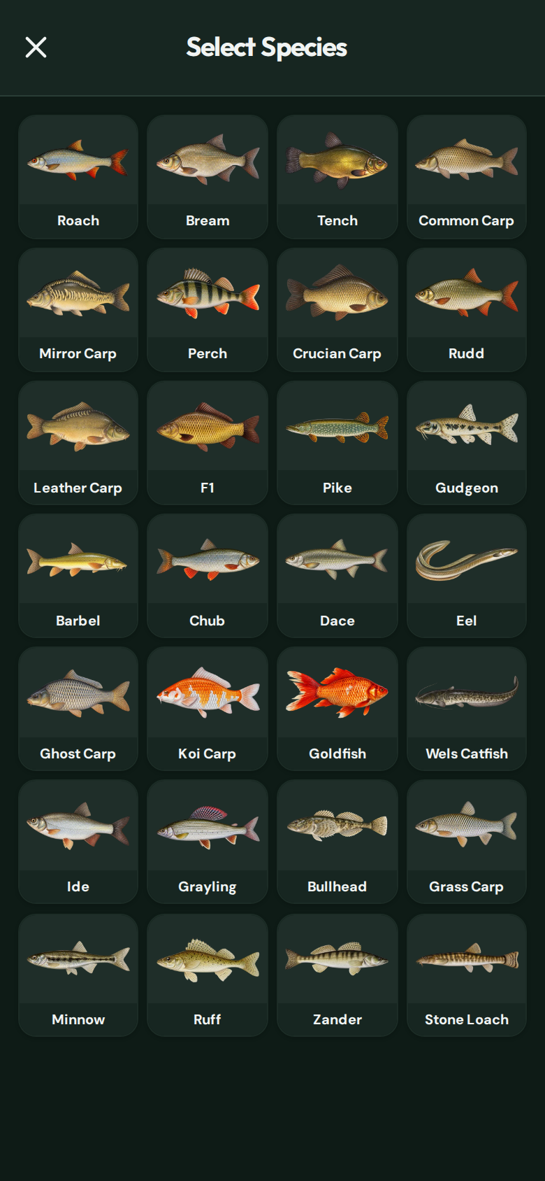CatchMate Coarse Select Species screen showing the fish species grid.
