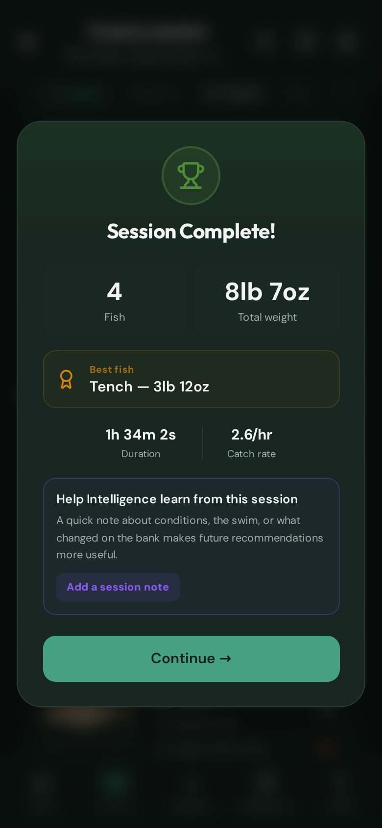 CatchMate Coarse Session Complete summary showing four fish, total weight, best fish, duration, catch rate, and a Continue button.