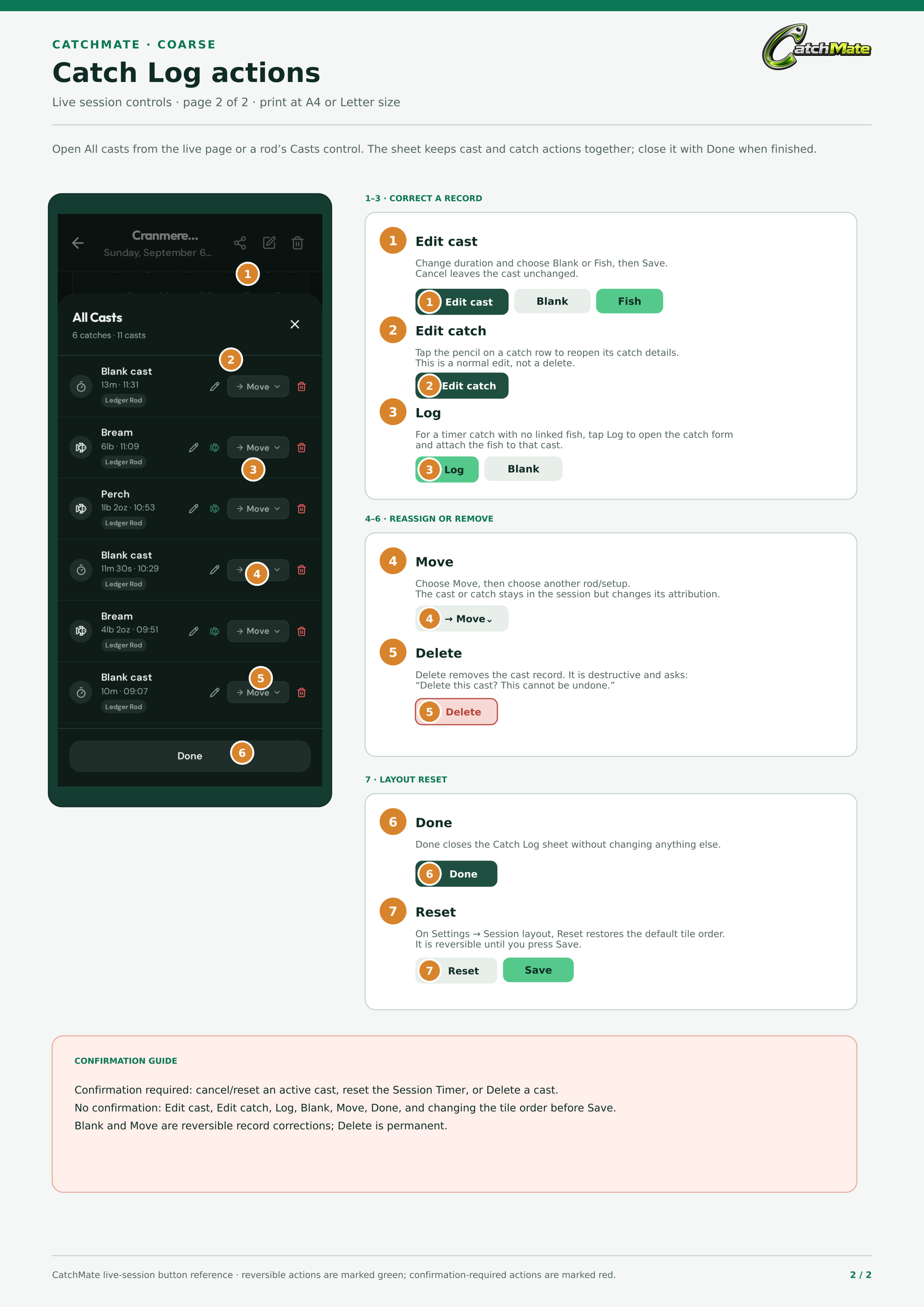 Coarse Catch Log page 2: edit, log, blank, move, delete, close, and layout-reset controls.