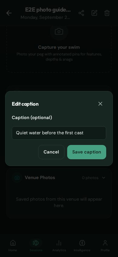 CatchMate Edit caption dialog on a phone with the optional caption field and Save caption action.