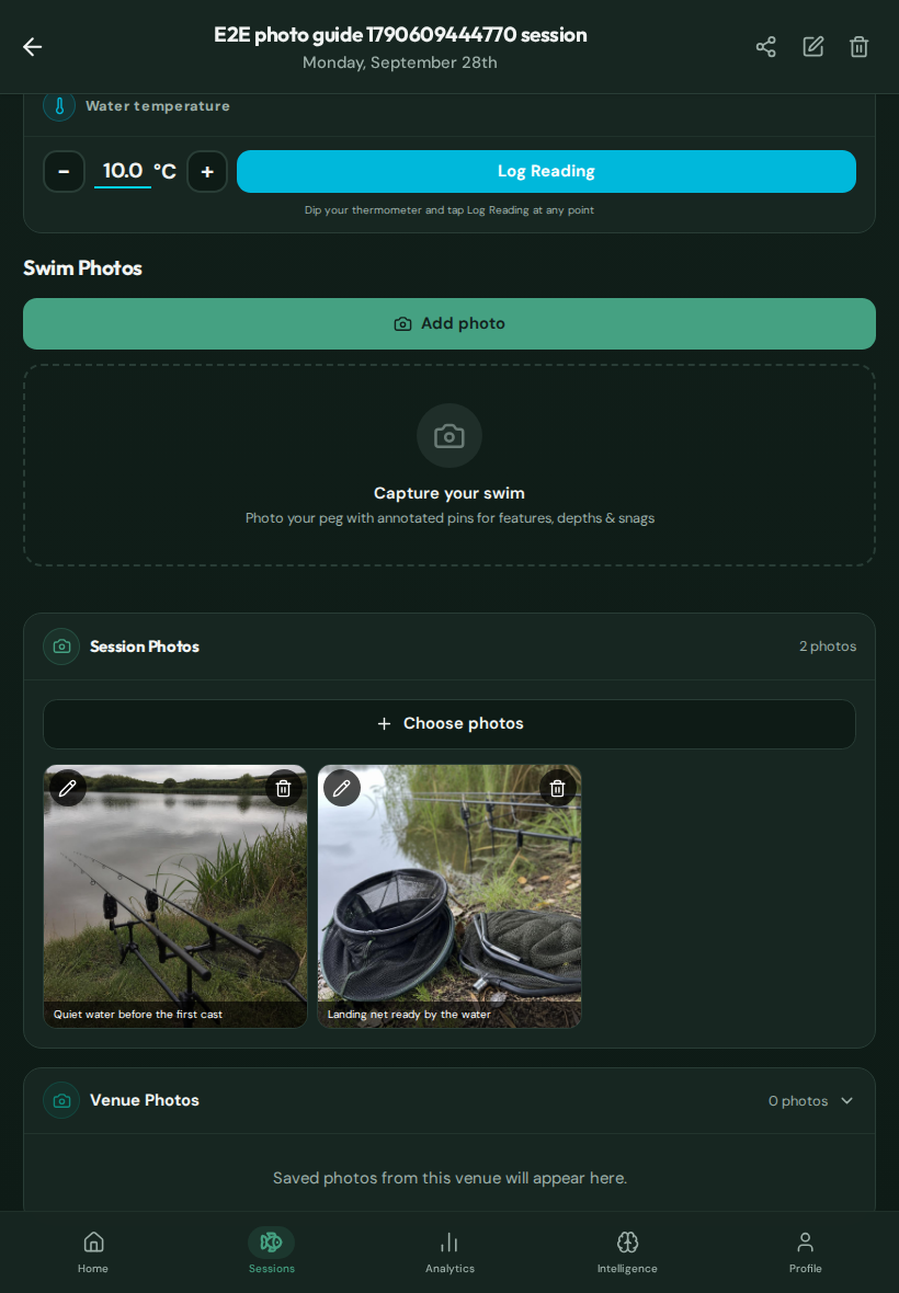 CatchMate session details at tablet size showing the Session Photos gallery with multiple captioned thumbnails.