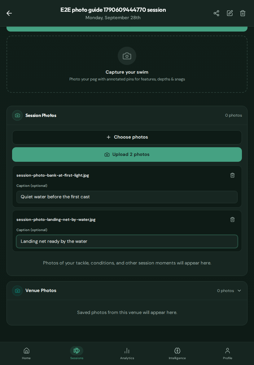 CatchMate Session Photos at tablet size showing two selected sample photos, their optional caption fields and the Upload 2 photos action.