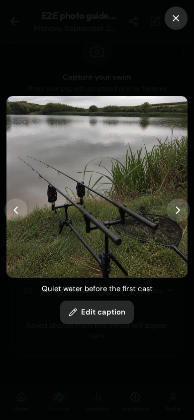 CatchMate full-screen Session Photos viewer on a phone showing a sample image, its caption and previous/next controls.