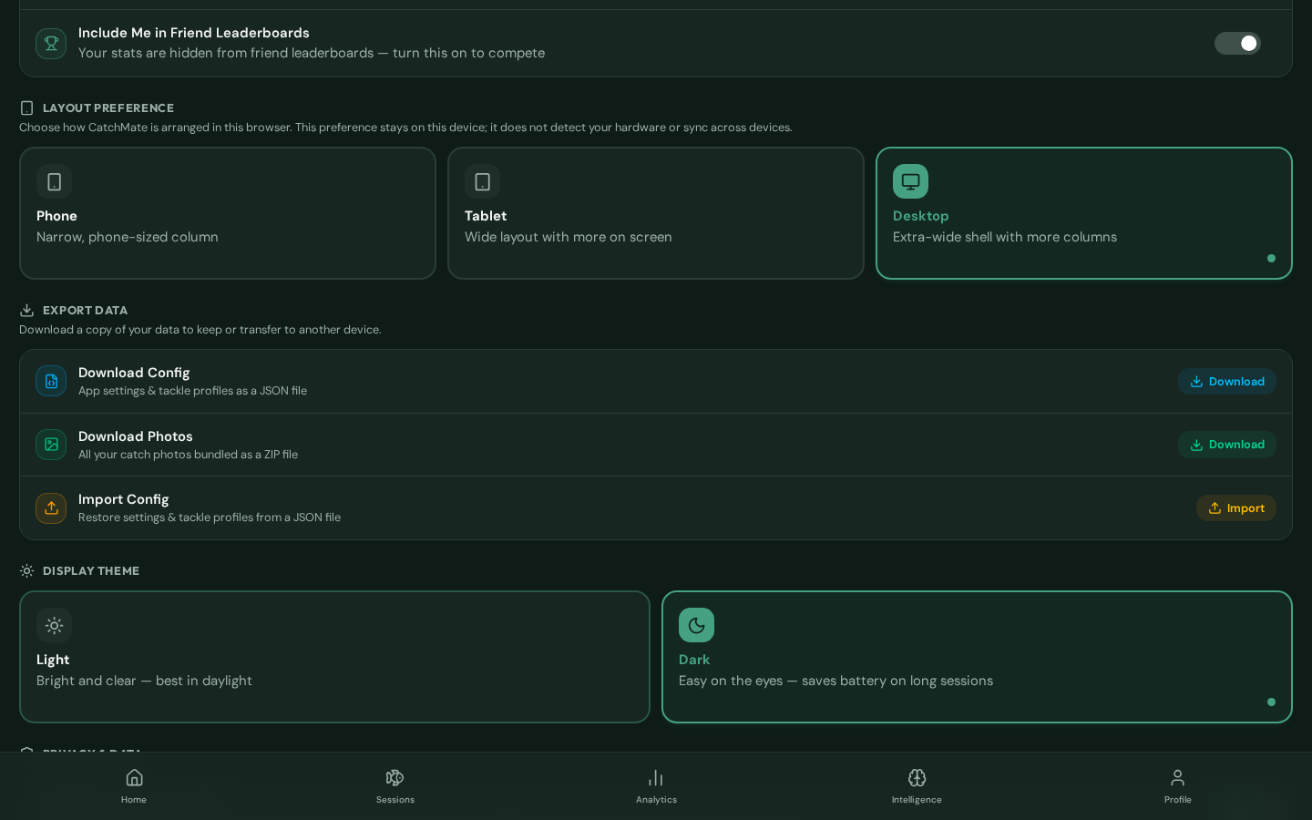 CatchMate App Settings at desktop size showing Layout preference with Desktop selected and the Phone and Tablet choices visible.