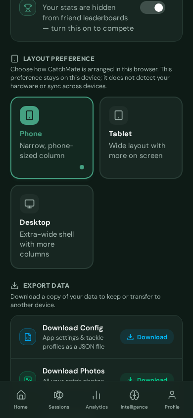 CatchMate App Settings showing Layout preference with Phone selected and the Tablet and Desktop choices visible.
