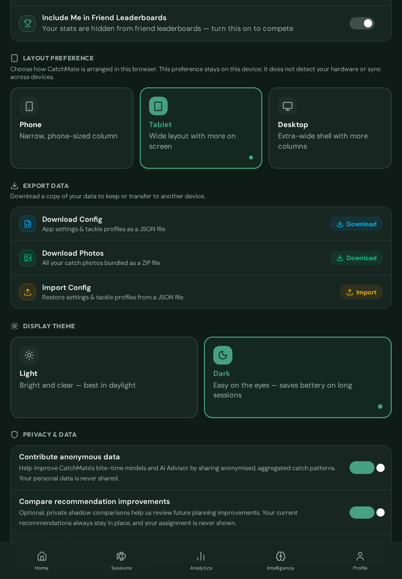 CatchMate App Settings at tablet size showing Layout preference with Tablet selected and the Phone and Desktop choices visible.