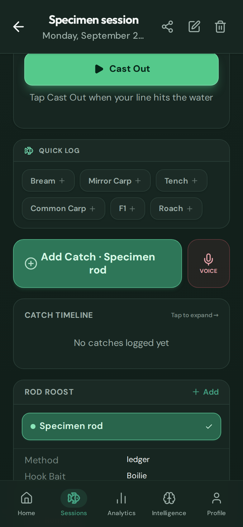 CatchMate Specimen live session showing the Add Catch button for the Specimen rod.