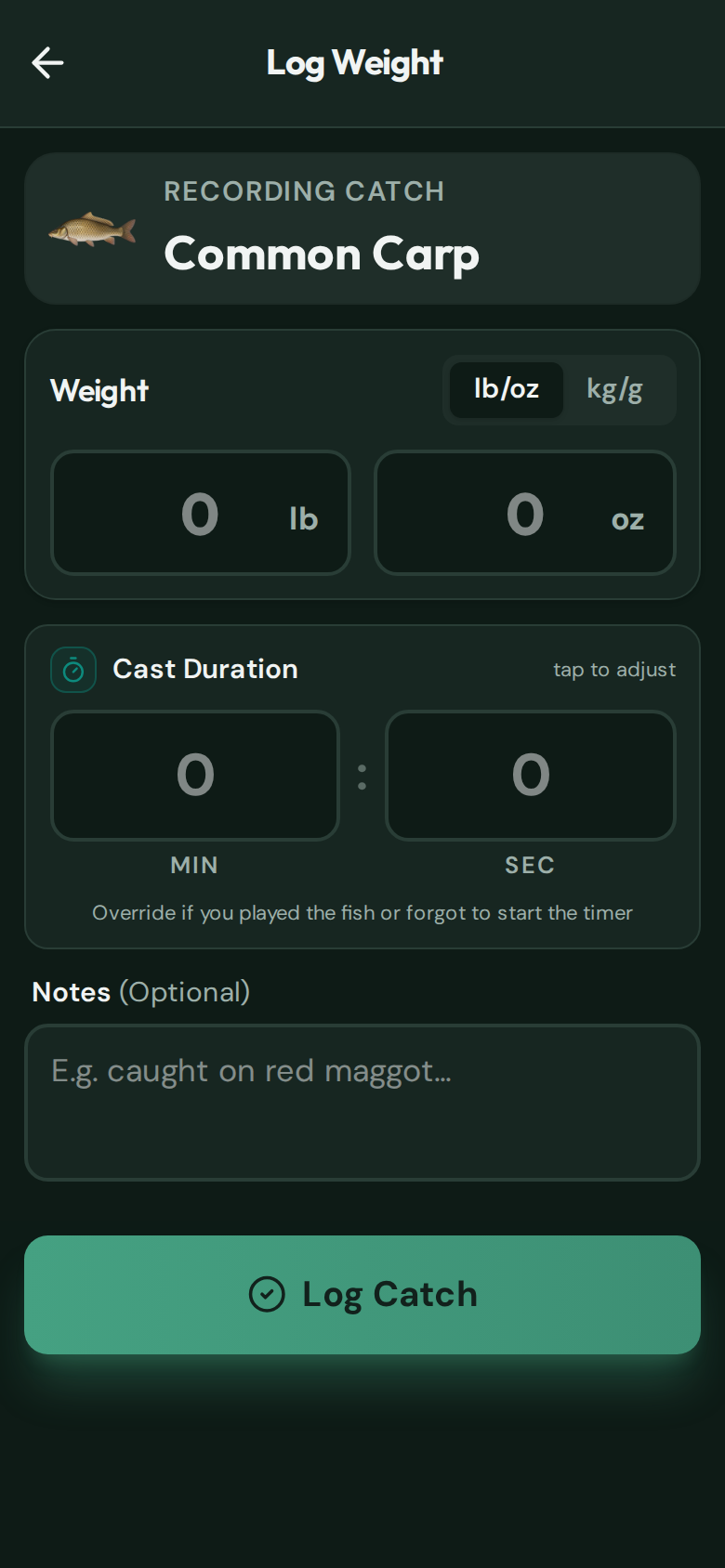 CatchMate Specimen Log Weight screen for a Common Carp catch with blank weight and Cast Duration fields.