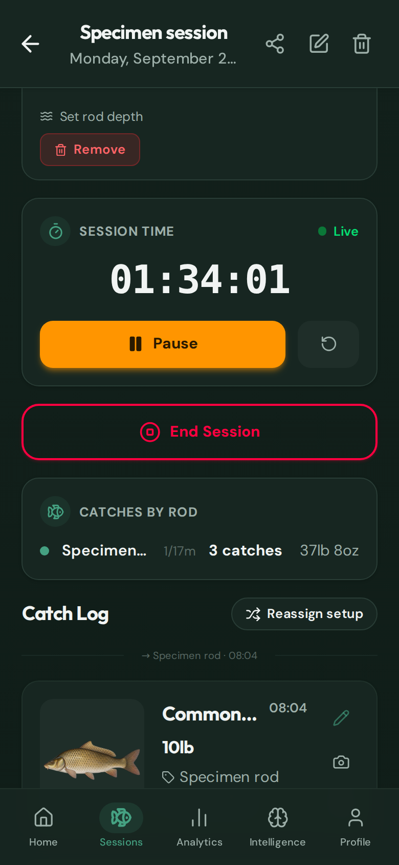 CatchMate Specimen session screen with the red End Session button below the session timer and catch log.