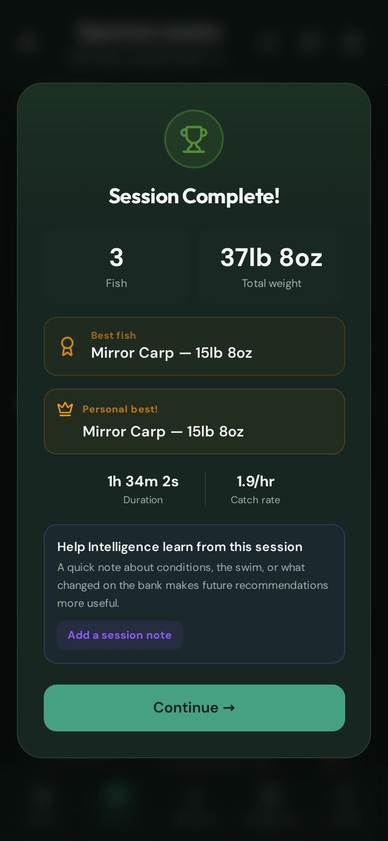 CatchMate Specimen Session Complete summary showing three fish, total weight, best fish, duration, catch rate, and a Continue button.